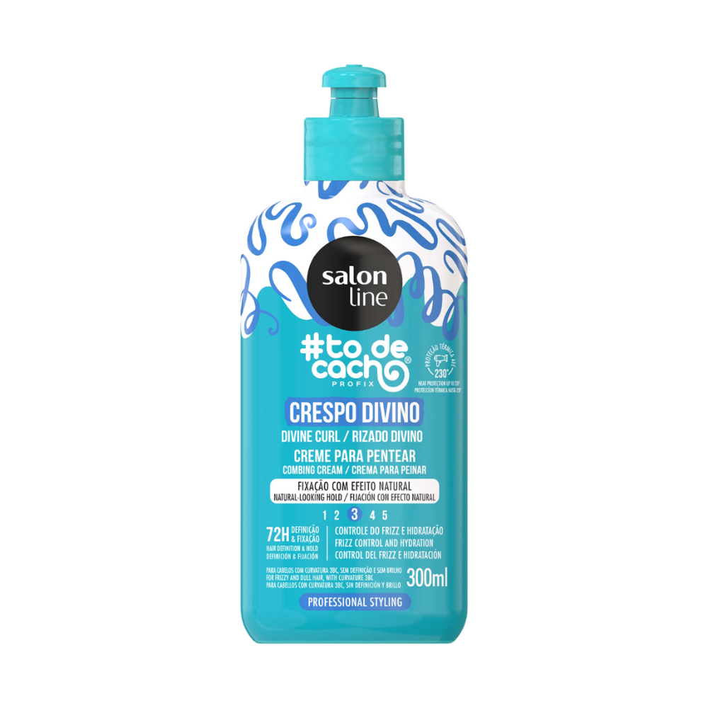 Creme para Pentear Salon Line #todecacho Crespo Divino 300mL, frasco e pump azul turquesa. Proporciona 72h de definição, hidratação e controle de frizz com efeito natural.