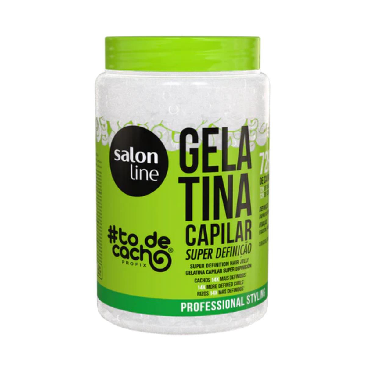Gelatina Salon Line #todecacho Super Definição, pote transparente e verde. Garante cachos 14x mais definidos.