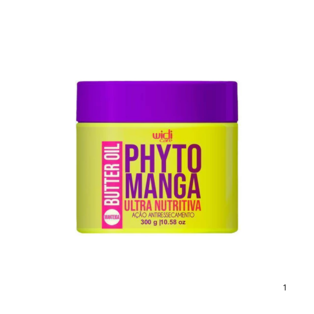 Máscara Widi Care Phyto Manga Ultra Nutritiva 300g, pote amarelo e tampa roxa. Com manteiga de manga e óleos vegetais, oferece ação antirressecamento e nutrição ultra profunda para os fios.