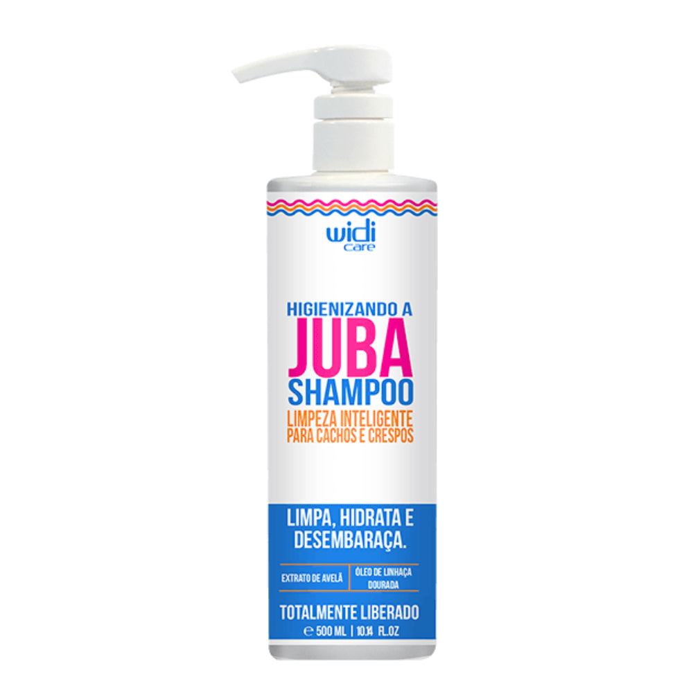 Widi Care Higienizando a Juba Shampoo 500mL, frasco branco com pump. Com Extrato de Avelã e Linhaça, limpa, hidrata e desembaraça fios cacheados e crespos.
