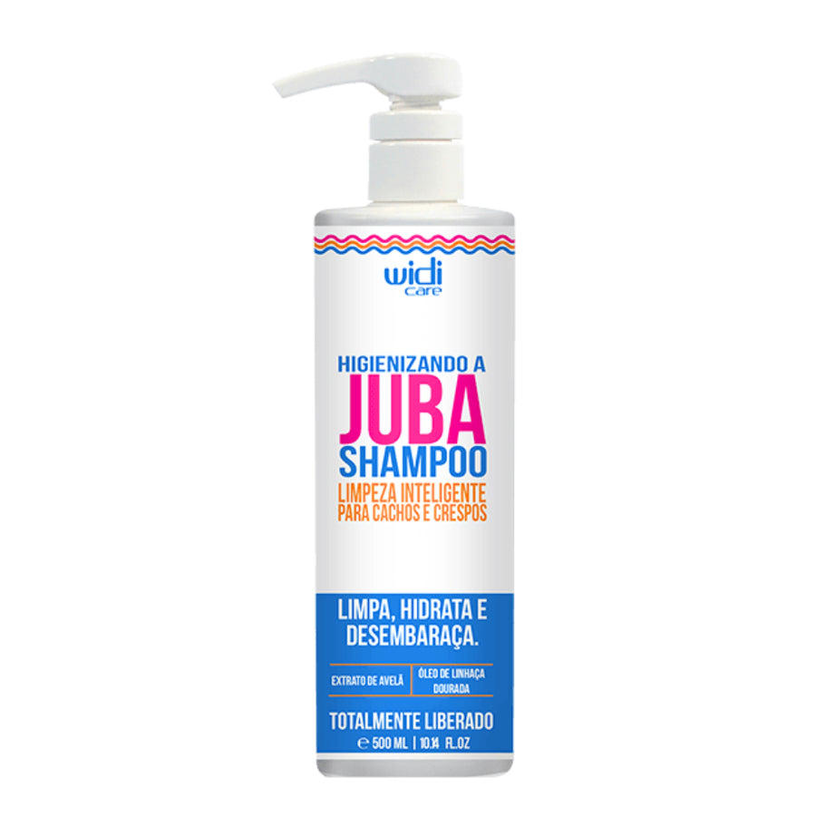 Widi Care Higienizando a Juba Shampoo 500mL, frasco branco com pump. Com Extrato de Avelã e Linhaça, limpa, hidrata e desembaraça fios cacheados e crespos.