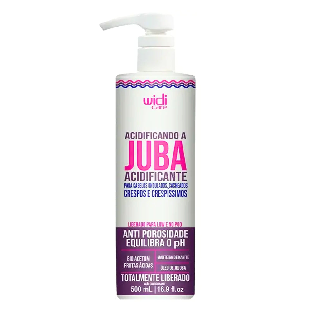 Widi Care Acidificando a Juba 500mL, frasco branco com pump. Com Bio Acetum e Jojoba, equilibra o pH e combate a porosidade de fios com curvatura.