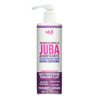 Widi Care Acidificando a Juba 500mL, frasco branco com pump. Com Bio Acetum e Jojoba, equilibra o pH e combate a porosidade de fios com curvatura.