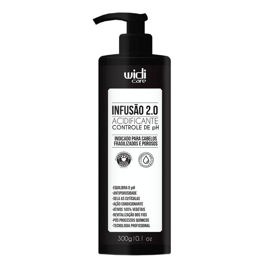 Widi Care Infusão 2.0 Acidificante 300g, frasco preto com pump. Equilibra o pH e sela as cutículas de fios porosos.