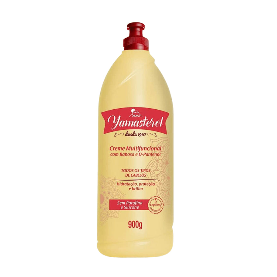Creme Multifuncional Yamasterol Babosa e D-Pantenol 900g, frasco amarelo e tampa vermelha. Com Babosa e D-Pantenol, promove hidratação, proteção e brilho para todos os tipos de cabelo.