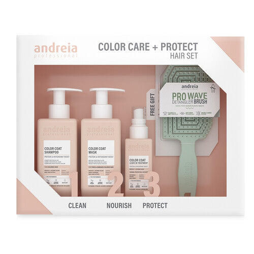 Andreia Color Care + Protect coffret com shampoo 300 ml, máscara 300 ml, leave-in 100 ml e escova verde