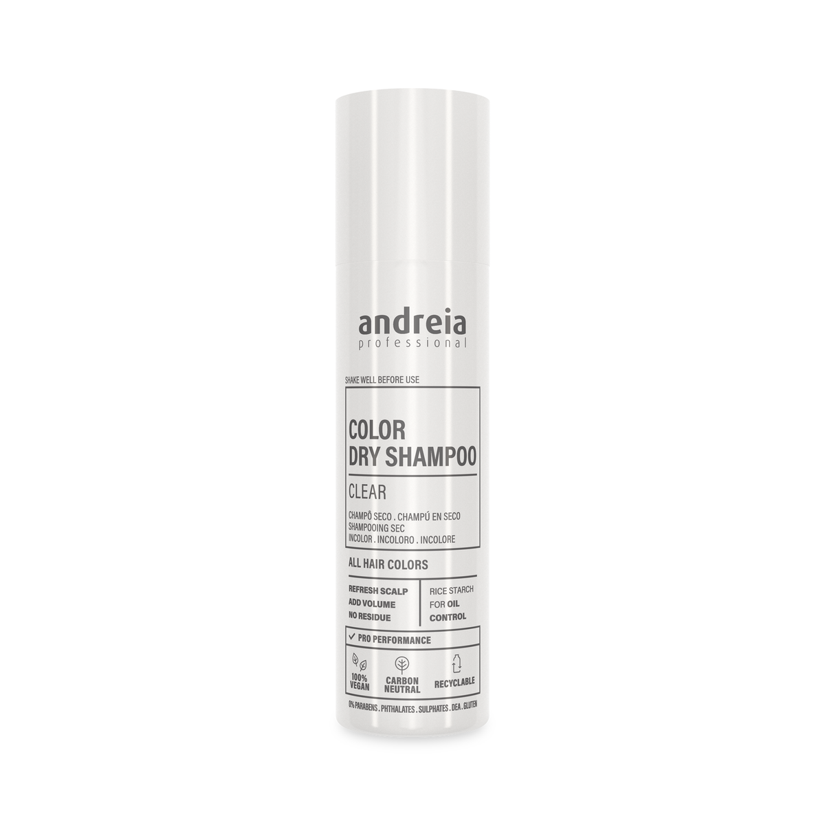 Andreia Color Dry Shampoo Clear 150 ml — embalagem completa em fundo branco