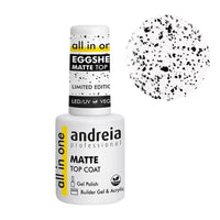 Andreia Eggshell Matte Top Coat 10,5 ml com amostra do efeito — fundo branco