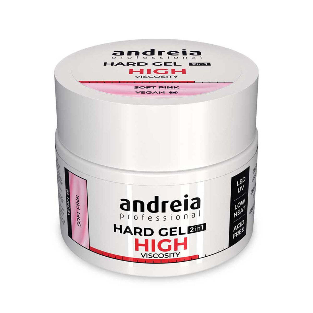 Andreia Hard Gel 2 em 1 Alta Viscosidade Soft Pink 44 g — embalagem original sobre fundo branco