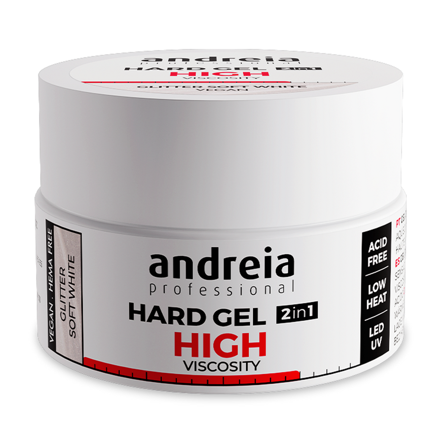 Andreia Hard Gel Alta Viscosidade Glitter Soft White 22 g — embalagem completa sobre fundo branco