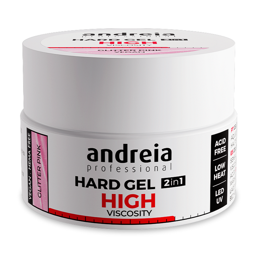 Andreia Hard Gel Alta Viscosidade Glitter Pink 22 g — embalagem completa sobre fundo branco