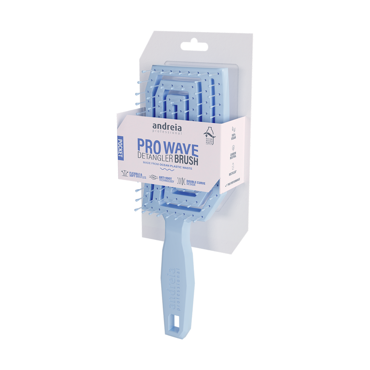 Andreia Pro Wave Pocket Escova Desembaraçadora Azul — escova e embalagem completas sobre fundo branco