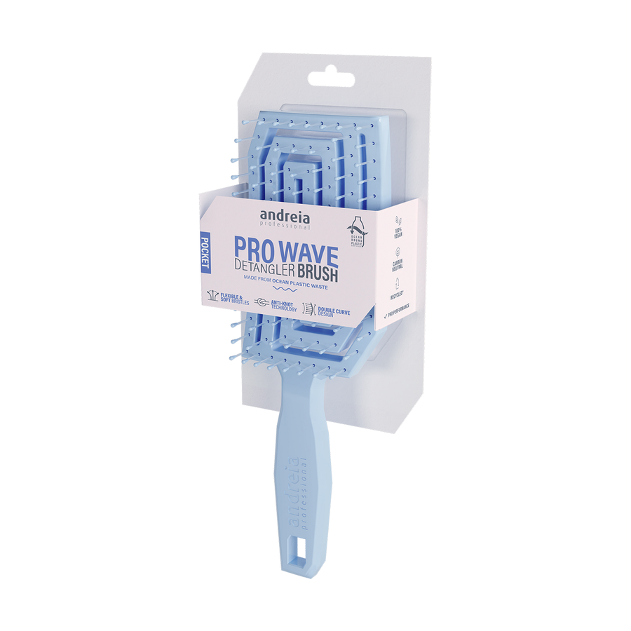 Andreia Pro Wave Pocket Escova Desembaraçadora Azul — escova e embalagem completas sobre fundo branco