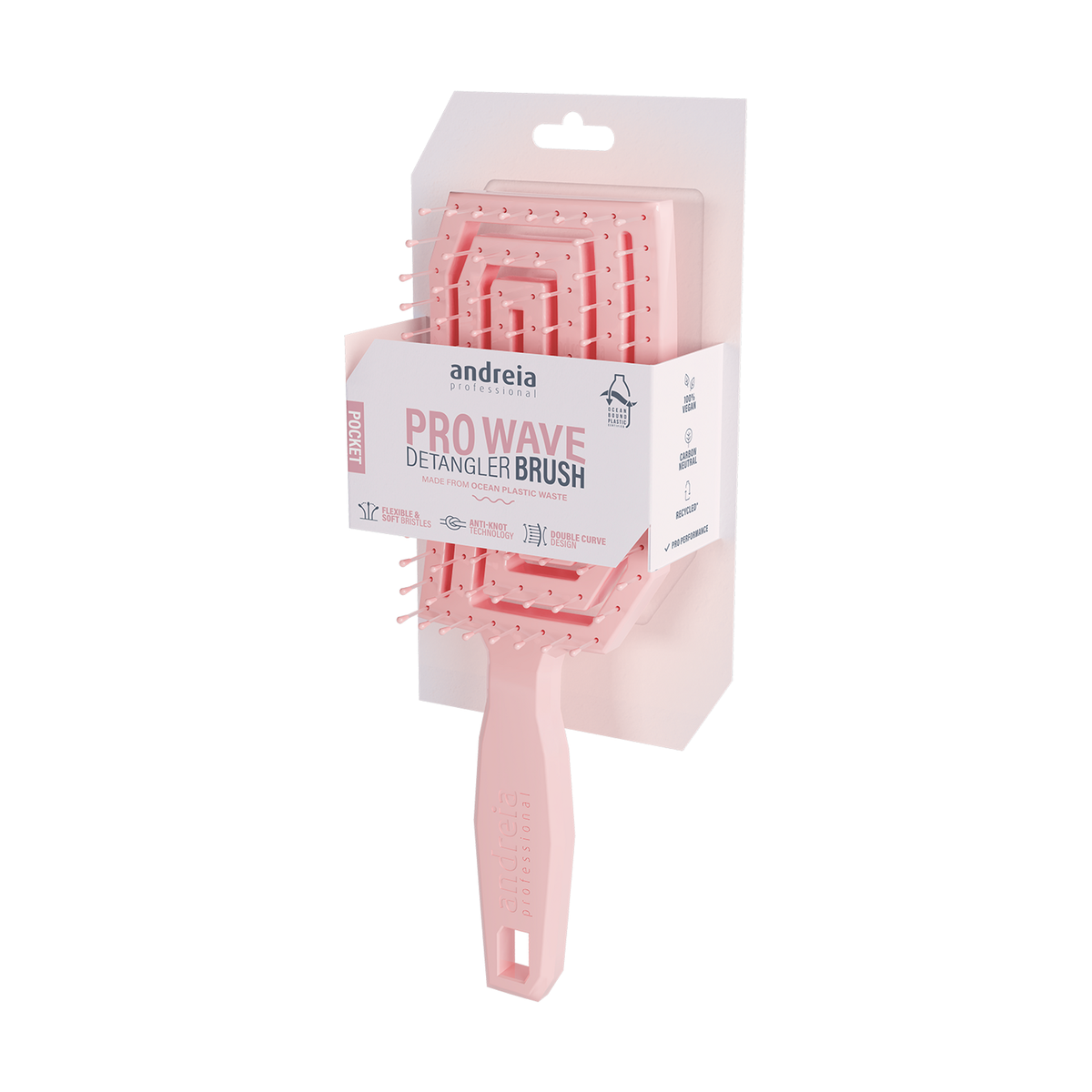 Andreia Pro Wave Pocket Escova Desembaraçadora Rosa — escova e embalagem completas sobre fundo branco