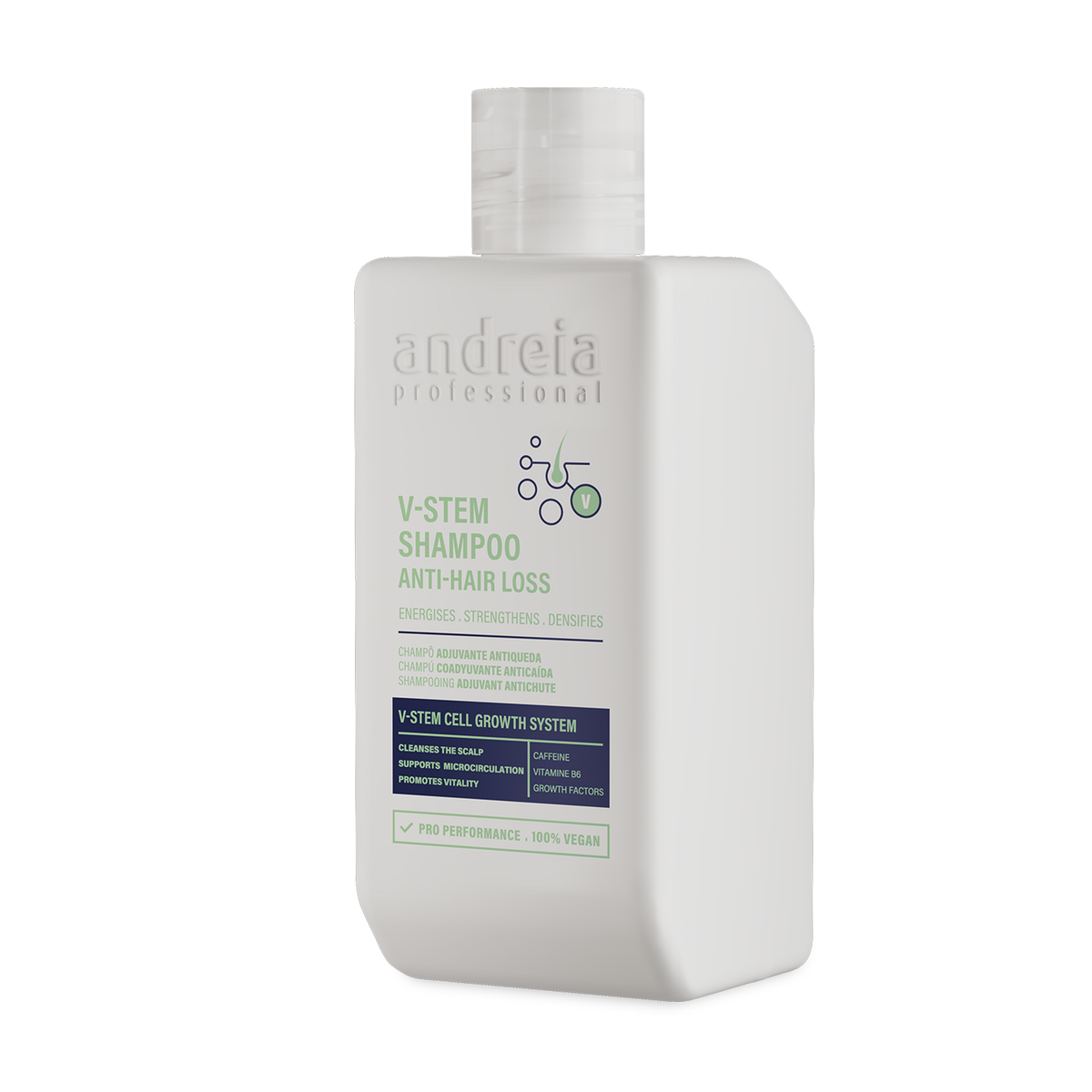 Andreia V-Stem Champô Adjuvante Antiqueda 250 ml — embalagem completa sobre fundo branco