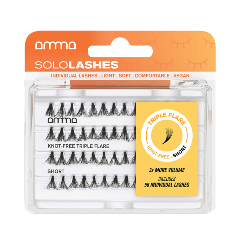 Andreia AMMA SoloLashes Knot-Free Triple Flare Short, 56 tufos — embalagem completa sobre fundo branco
