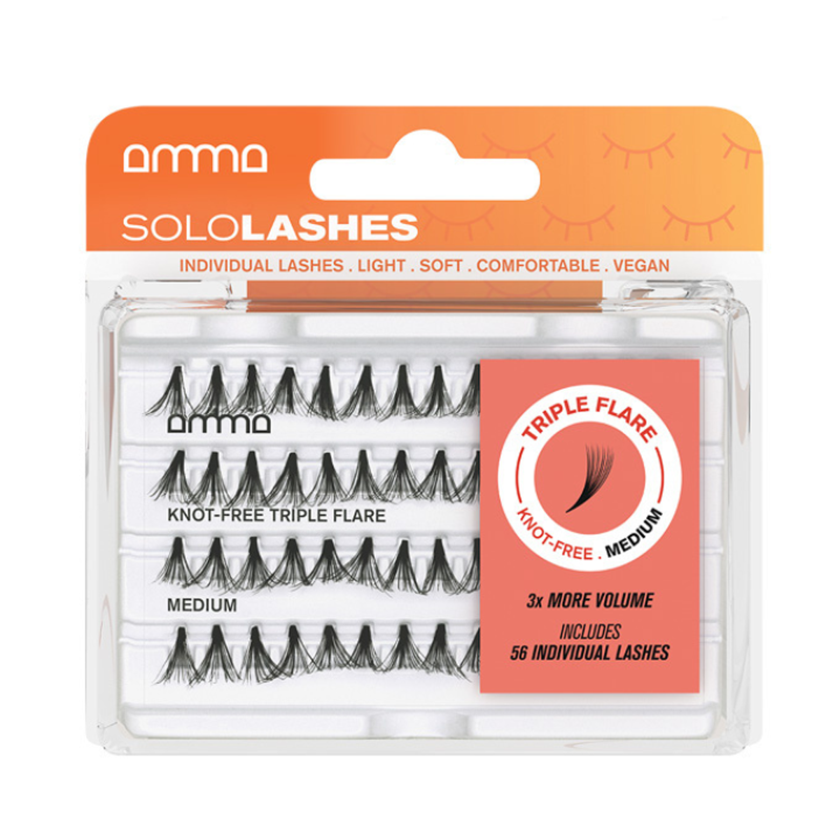 Andreia AMMA SoloLashes Knot-Free Triple Flare Medium, 56 tufos — embalagem completa sobre fundo branco