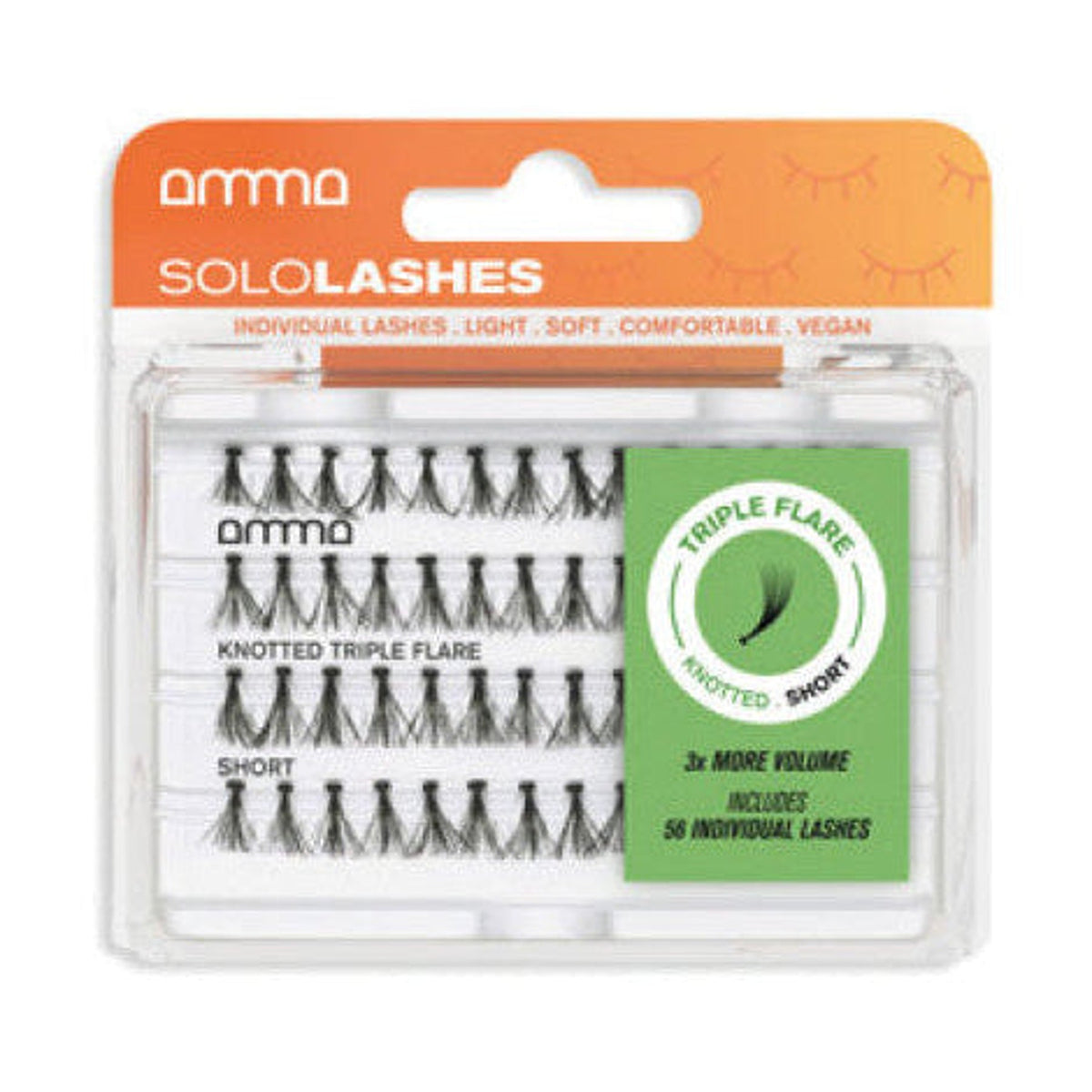 Andreia AMMA SoloLashes Knotted Triple Flare Short, 56 tufos — embalagem completa sobre fundo branco
