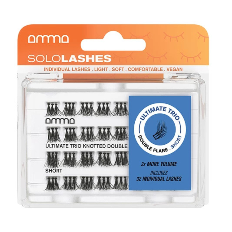Andreia AMMA SoloLashes Ultimate Trio Double Flare Short, 32 tufos — embalagem completa sobre fundo branco