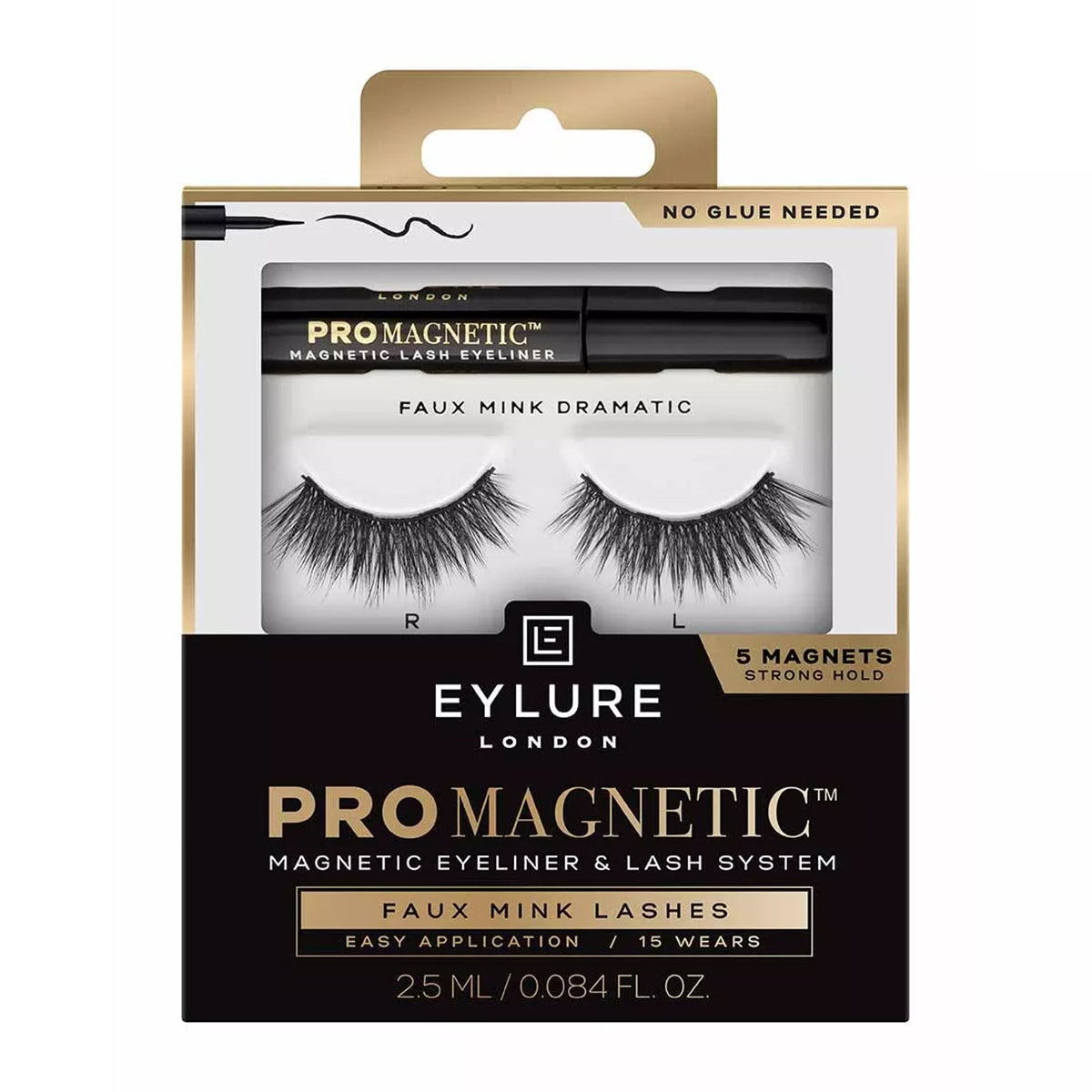 Eylure ProMagnetic Faux Mink Dramatic — embalagem completa com pestanas e eyeliner de 2,5 ml sobre fundo branco
