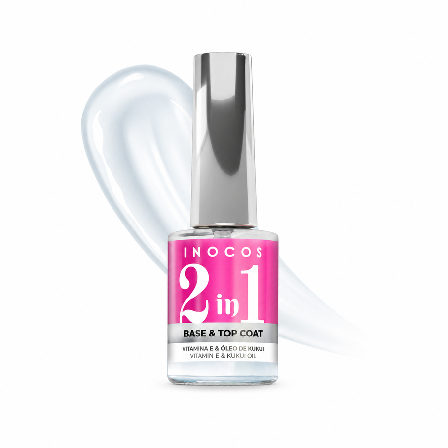 Base e Top Coat INOCOS 2 em 1 11 ml — frasco completo sobre fundo branco