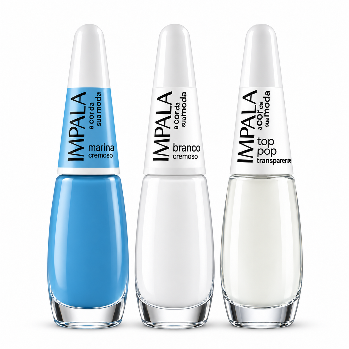 Impala Kit Cor e Brilho — Marina, Branco e Transparente (3 Vernizes)