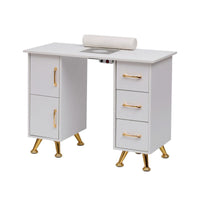 Mesa de manicure branca e dourada 120 cm — vista completa com apoio de mãos