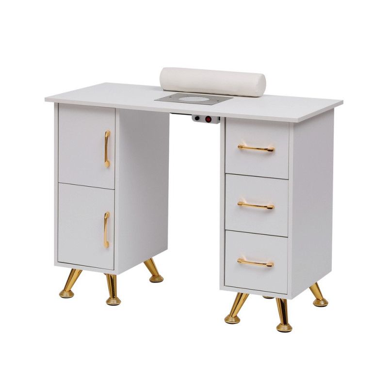 Mesa de manicure branca e dourada 120 cm — vista completa com apoio de mãos