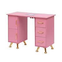Mesa de manicure Salon Care rosa e dourada — vista completa em fundo branco