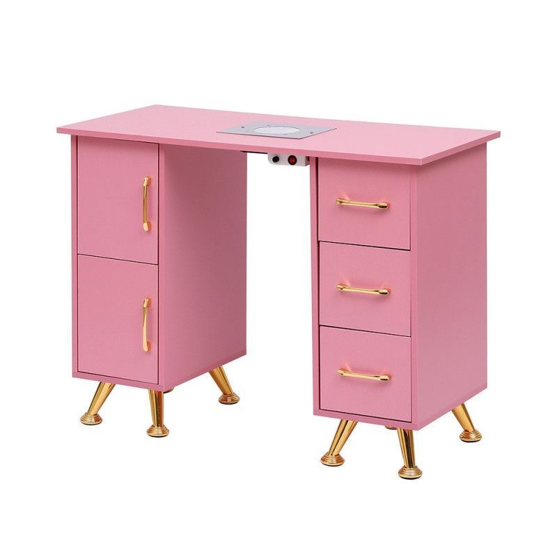 Mesa de manicure Salon Care rosa e dourada — vista completa em fundo branco