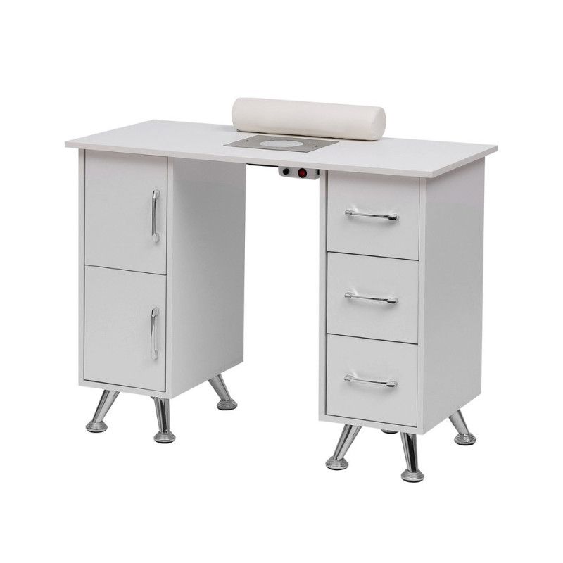 Mesa de manicure Salon Care branca e prata — vista completa em fundo branco