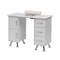 Mesa de manicure Salon Care branca e prata — vista completa em fundo branco