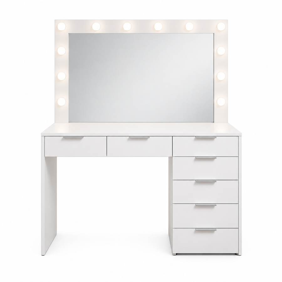 Hollywood Schminktisch weiß 120 cm mit LED-Spiegel und 7 Schubladen
