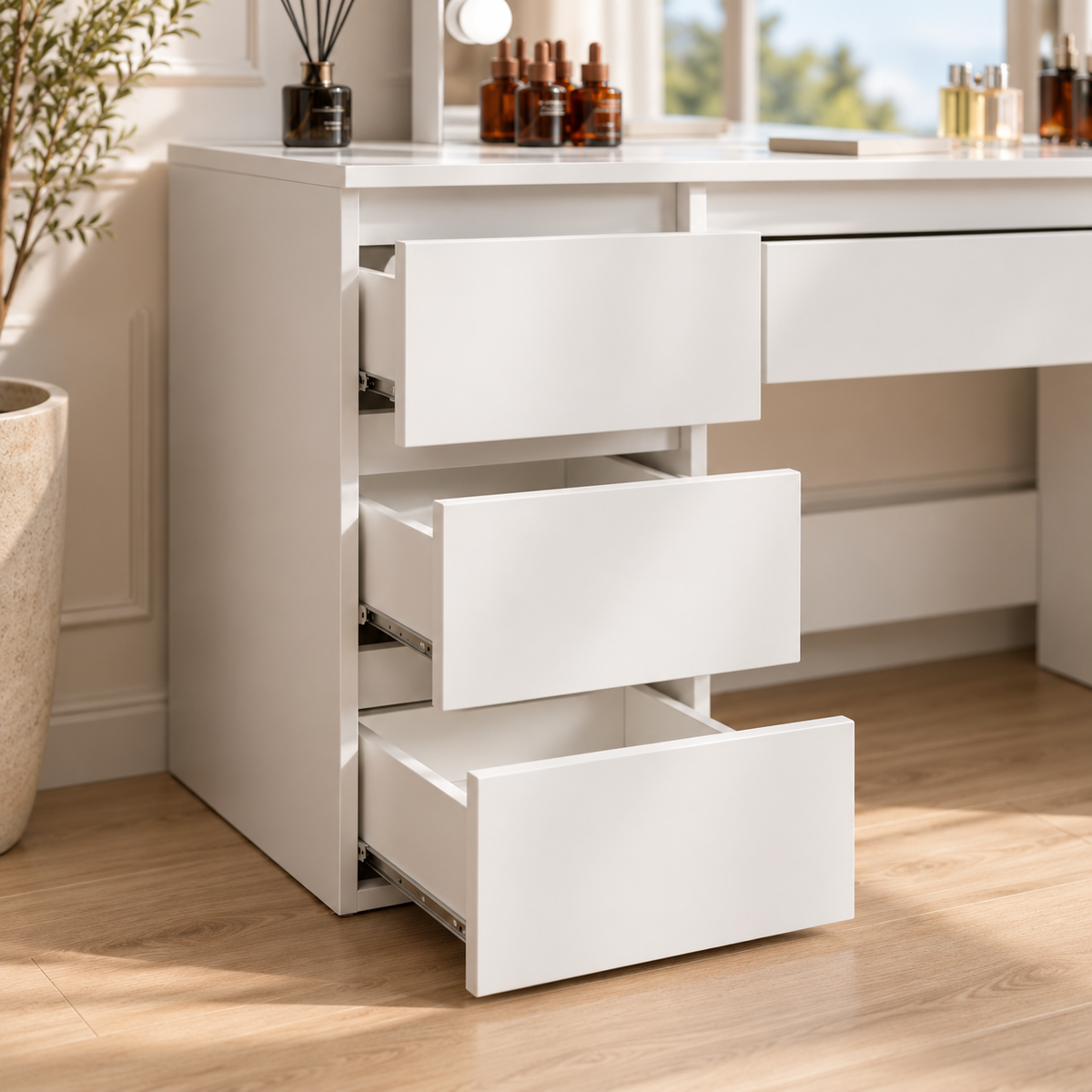 Toucador Hollywood branco 130 cm — detalhe das gavetas abertas