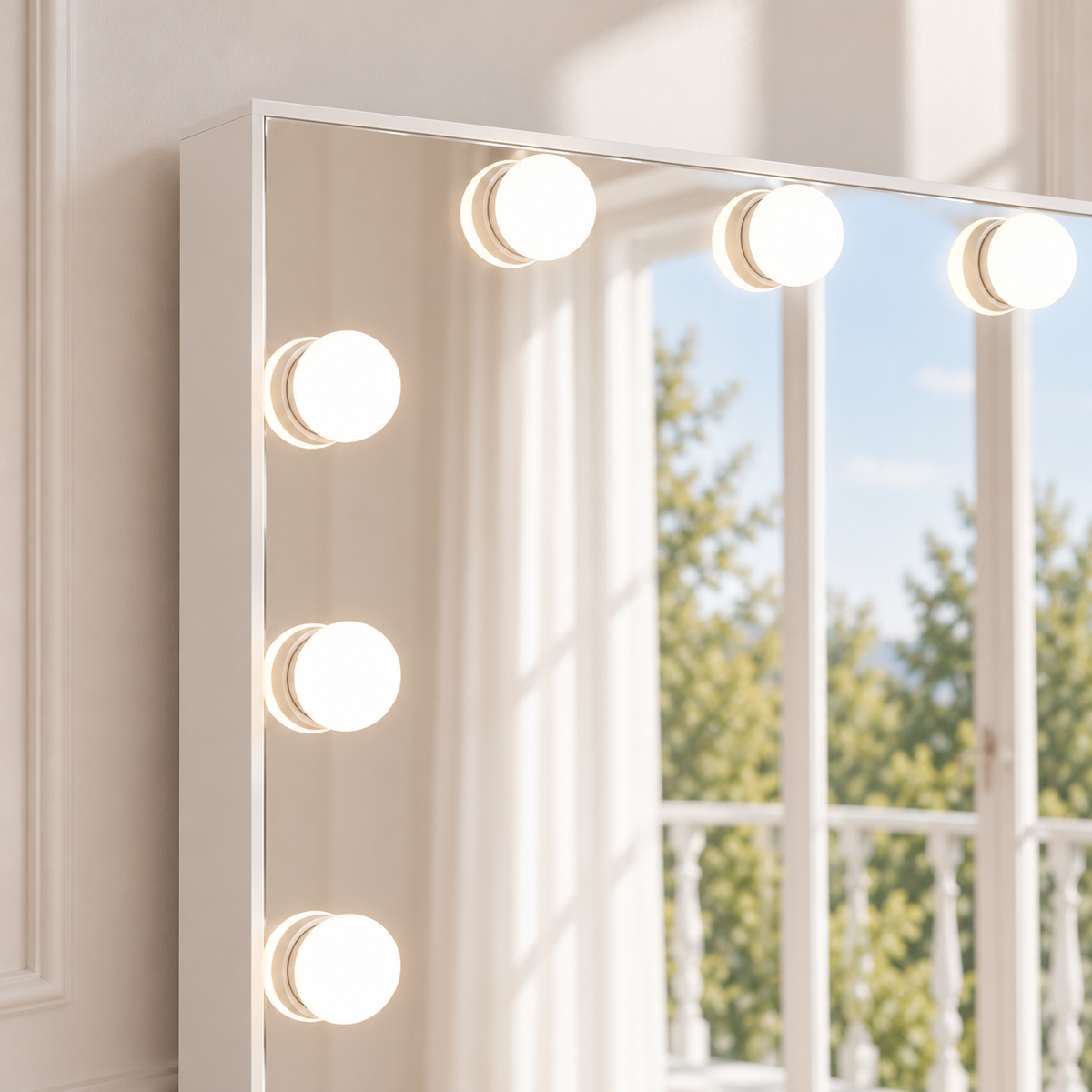 Toucador Hollywood branco 130 cm — detalhe do espelho e iluminação
