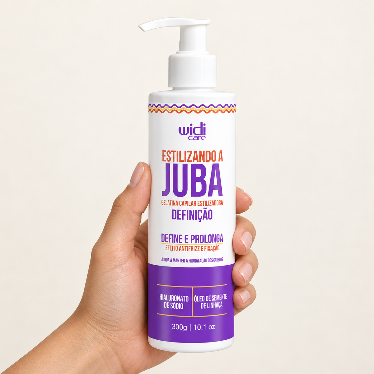 Widi Care Estilizando a Juba 300 g — embalagem na mão, imagem ilustrativa