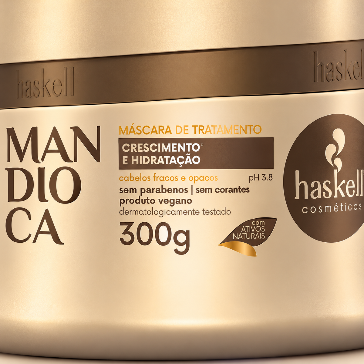 Haskell Mandioca Máscara 300g — detalhe do rótulo e formato