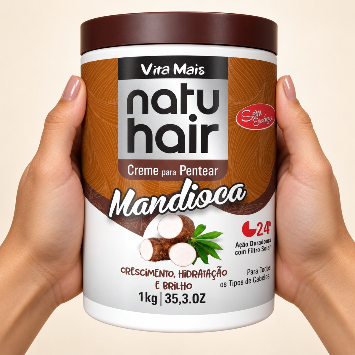 Creme de Pentear de Mandioca 1Kg - Natuhair — dimensioni della confezione. Immagine illustrativa generata con IA.