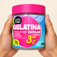 NatuHair Gelatina S.O.S 3 Em 1 500g - NatuHair — dimensioni della confezione. Immagine illustrativa generata con IA.
