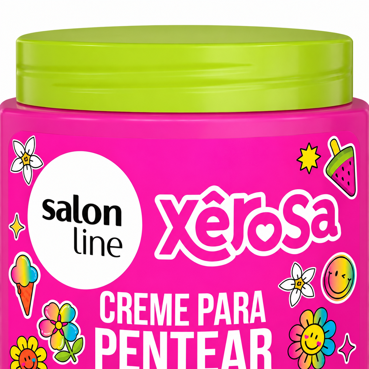 Salon Line Xêrosa Vibes POP Creme de Pentear 800g — dettaglio marchio. Immagine illustrativa generata con IA.