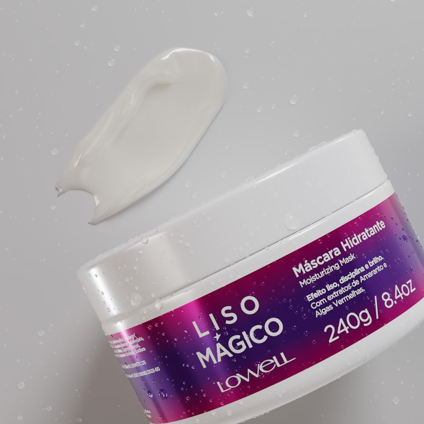 Lowell Liso Mágico Feuchtigkeitsmaske 240g – Detail von Textur und Verpackung