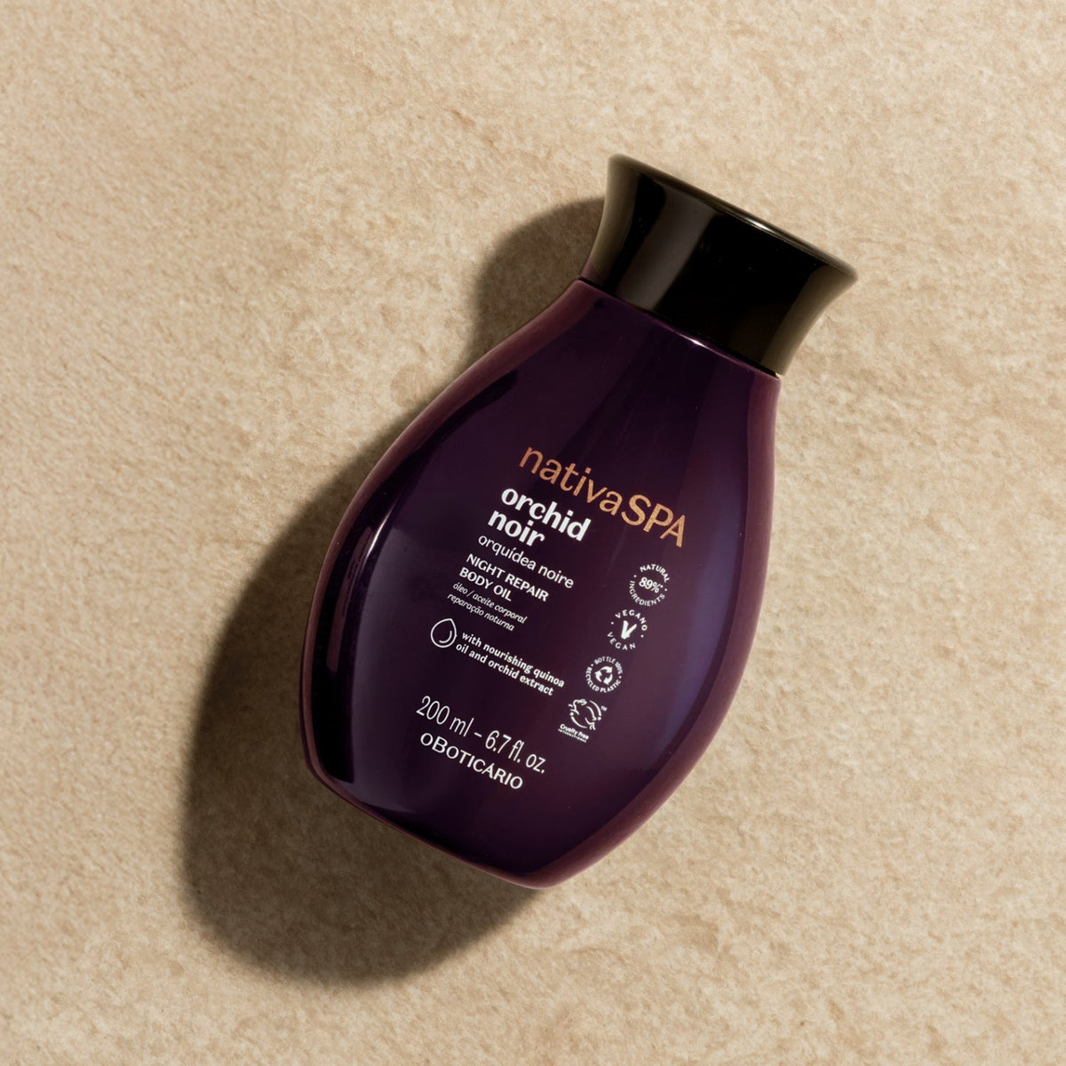 Nativa SPA Orchid Noir Óleo Corporal 200 ml – fotografia oficial da embalagem ambientada