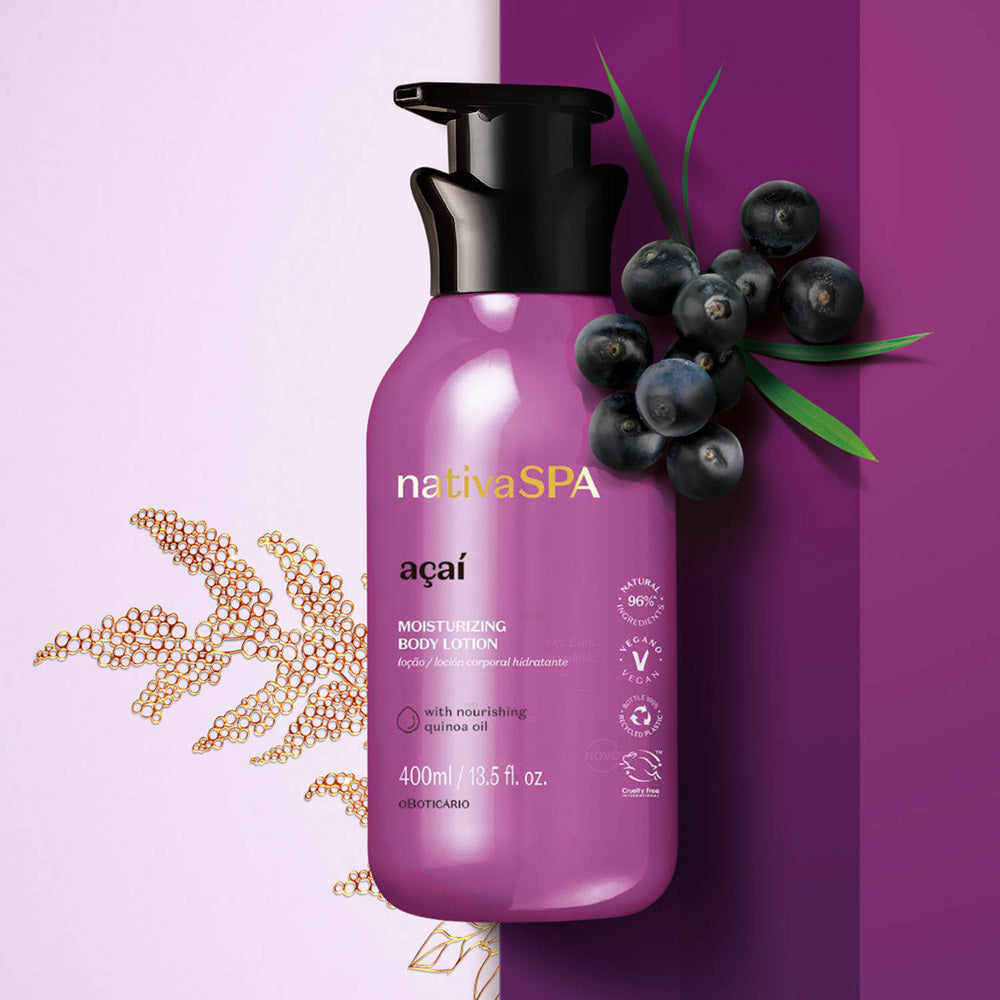 O Boticário Nativa Spa Açaí Körperlotion 400 ml – Offizielle Darstellung der Verpackung in einer Umgebung