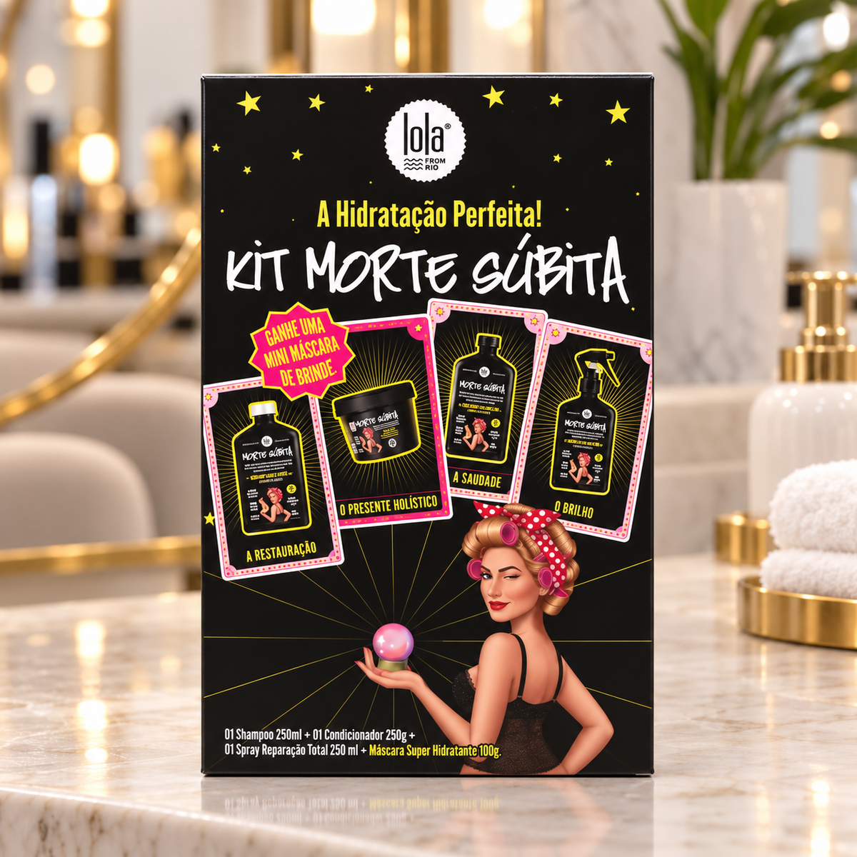 Lola Cosmetics - Kit Morte Súbita - Shampoo + Condicionador + Spray + Máscara — ambientação ilustrativa da embalagem fechada