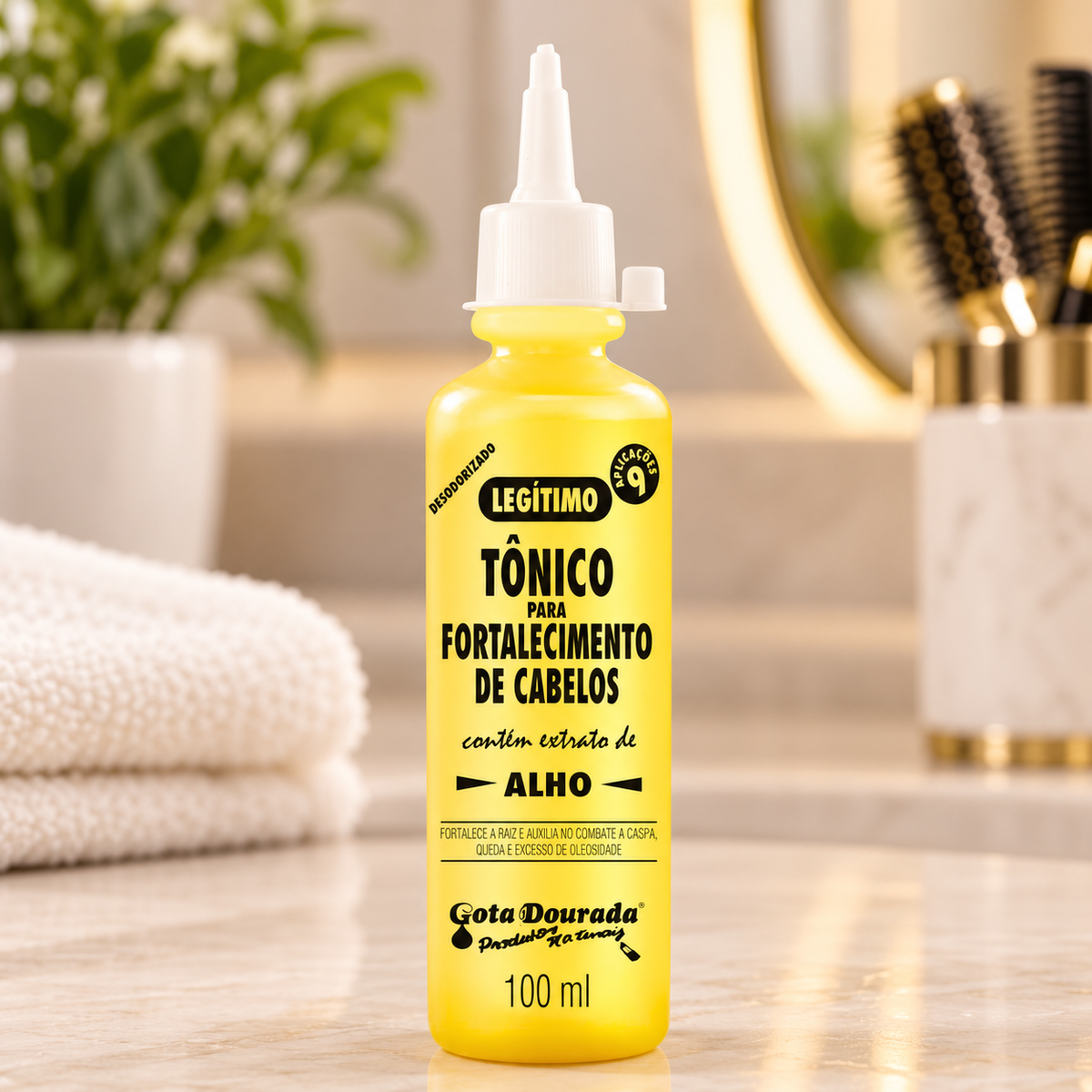 Gota Dourada Tónico Fortalecimento com Alho 100ml — ambientação ilustrativa
