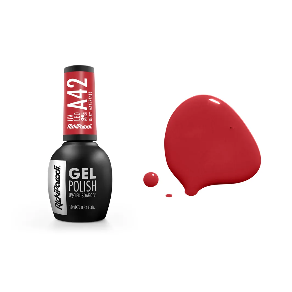 Verniz Gel RickiParodi Ruby Waterfall A42 10 ml — embalagem e cor