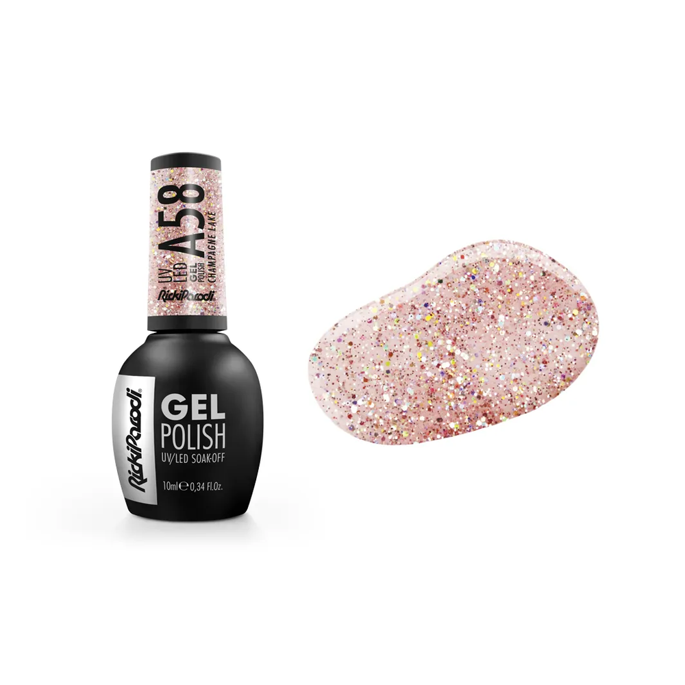 Verniz Gel RickiParodi Champagne Lake A58 10 ml — embalagem e cor